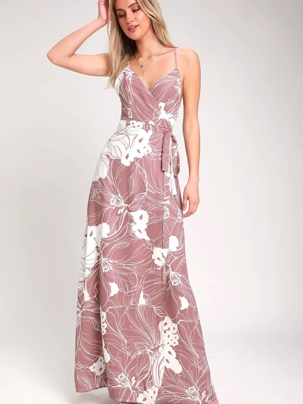 Lulu’s Always Mine Mauve and White Floral Print Wrap Maxi Dress